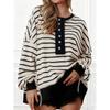 Womens Loose Fit V-Neck Colorblock Striped Long Sleeve Top Winter Streetwear