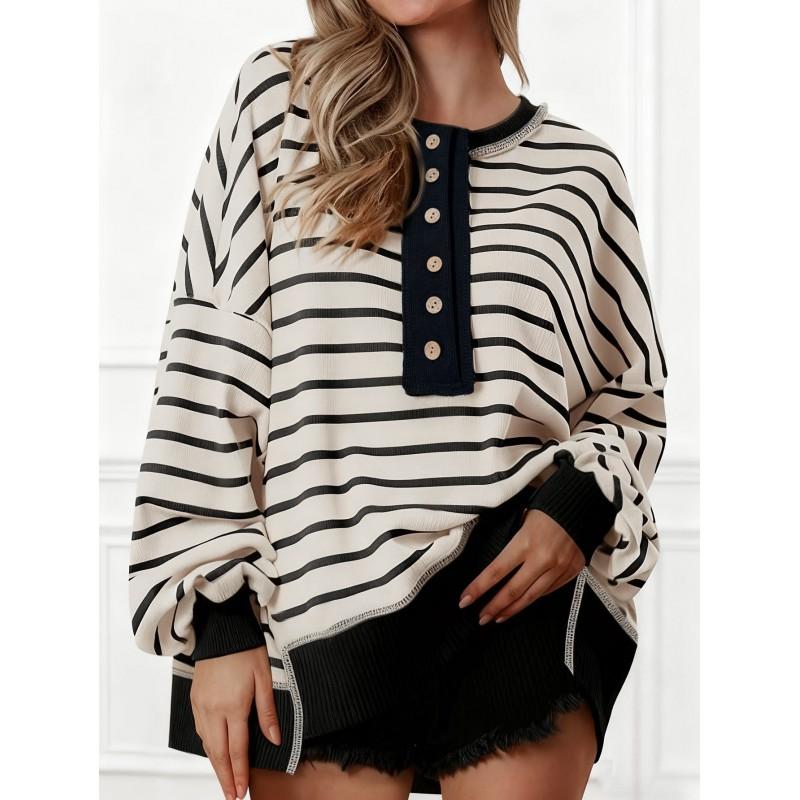 Womens Loose Fit V-Neck Colorblock Striped Long Sleeve Top Winter Streetwear