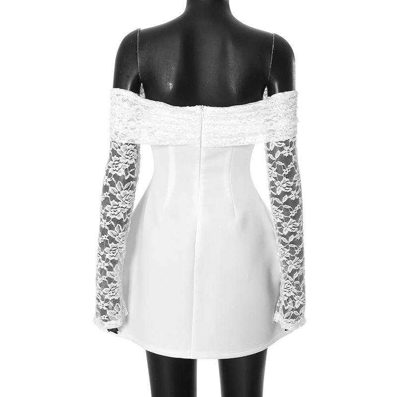 Giyu Sexy Mini Krátké Šaty Dámské Podzimní Krajka Patchwork Dlouhý rukáv Bez ramen Šaty bez zad Elegantní klubový společenský župan