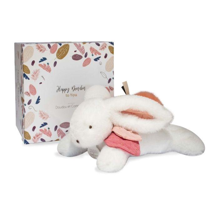 Doudou Et Compagnie - Peluche Lapin - 25 Cm - Lapin Pompom Blanc/Terracotta - Jolie Boîte Cadeau - Happy Boho - Happy Doudou To