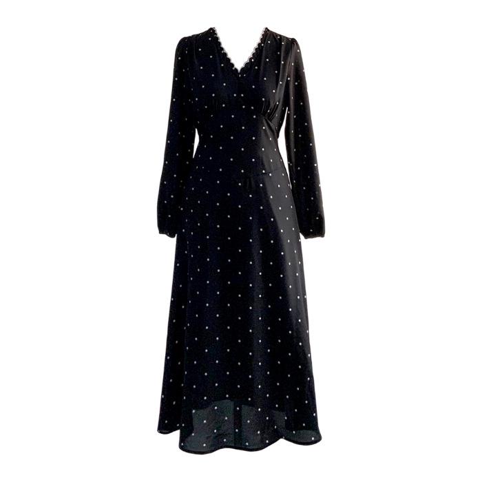 Elegant French Black Polka Dot V-Neck Long Sleeve Dress - Early Spring Petite Waist-Cinching Skirt Small чёрный