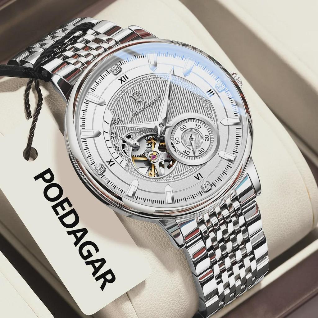 POEDAGAR Moda İş Erkek Saati Su Geçirmez Aydınlık Oyuklu Tourbillon Erkek Saat Otomatik Mekanik Saatler