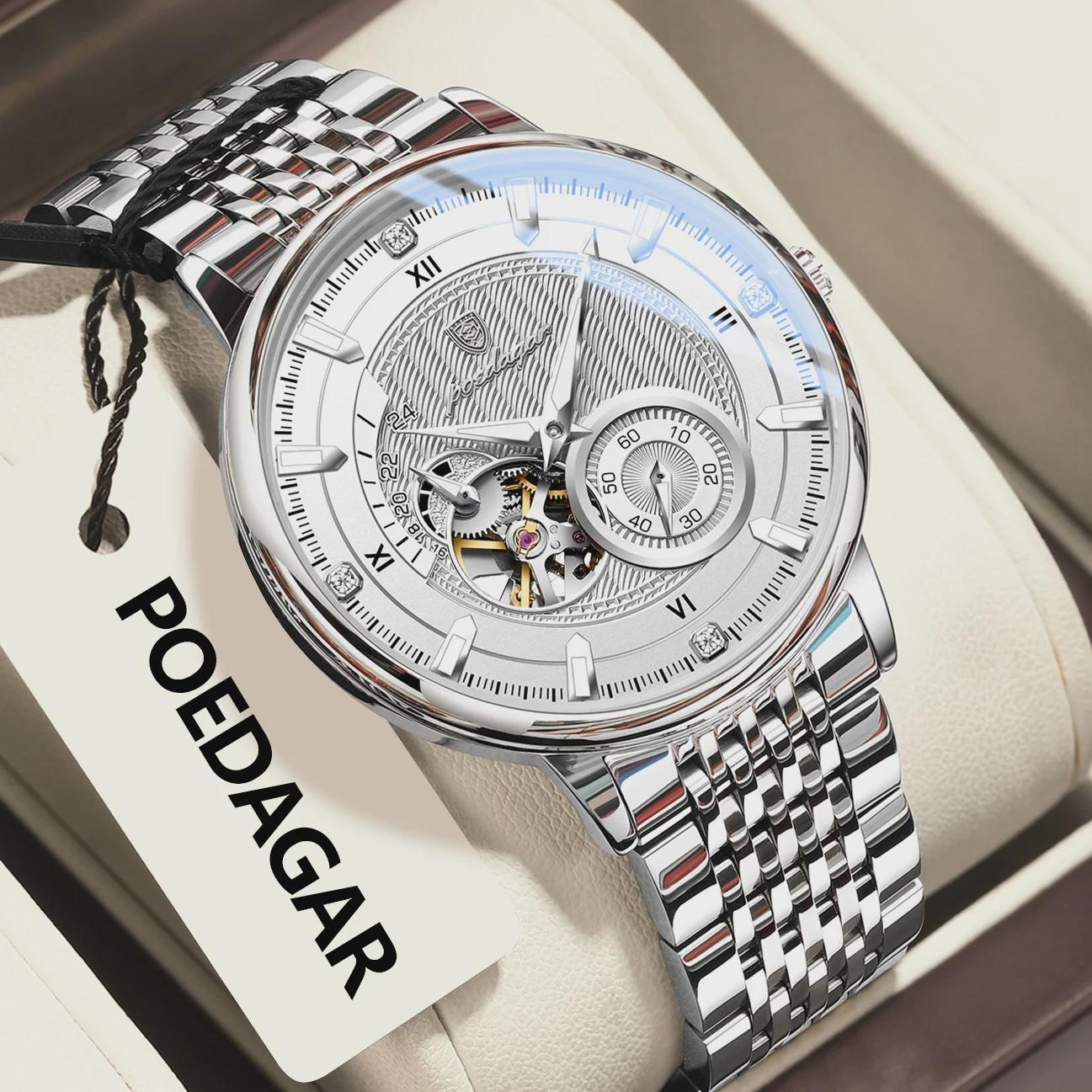 POEDAGAR Модные Деловые Мужские Часы Водонепроницаемые Светящиеся Полые Турбийон Мужские Часы Автоматические Механические Часы серебряный/белый