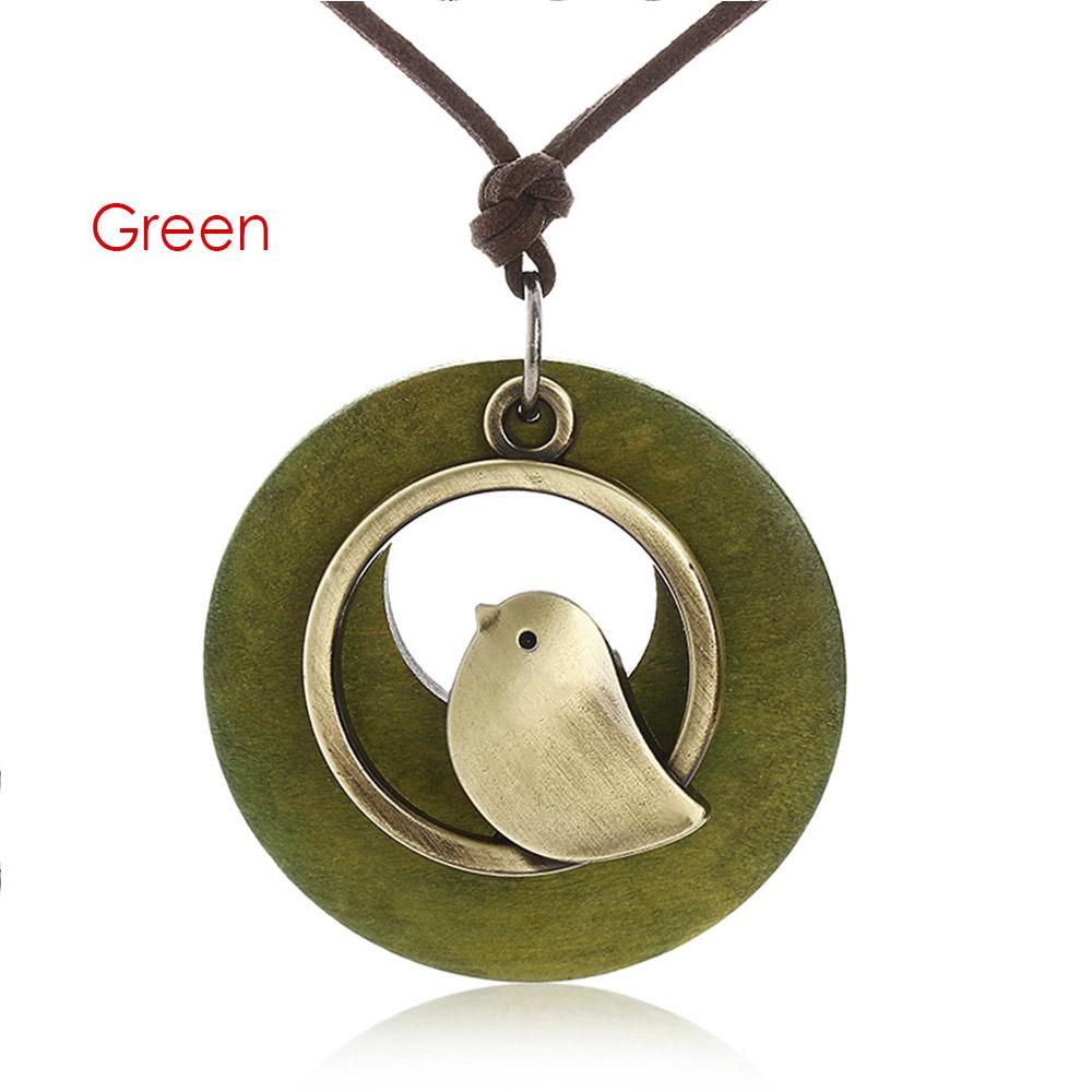 Vintage Wooden Bird Pendant Necklaces Boho Ethnic Style Metal Hollow Necklaces Retro Long Sweater Chain Rope Jewelry for Women