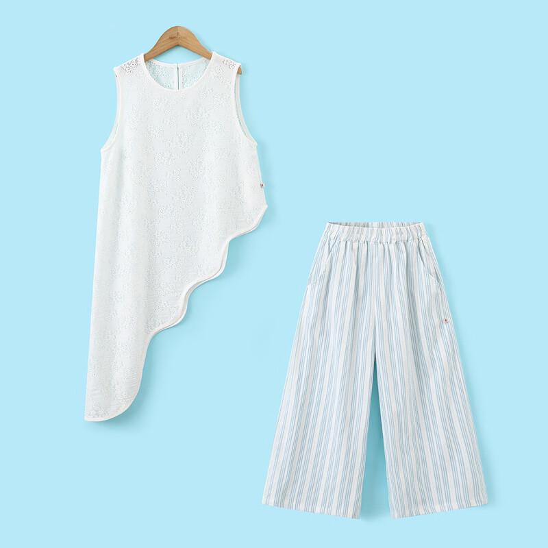 Montagut Girls' Summer Lace Stripe T-shirt & Pants Set