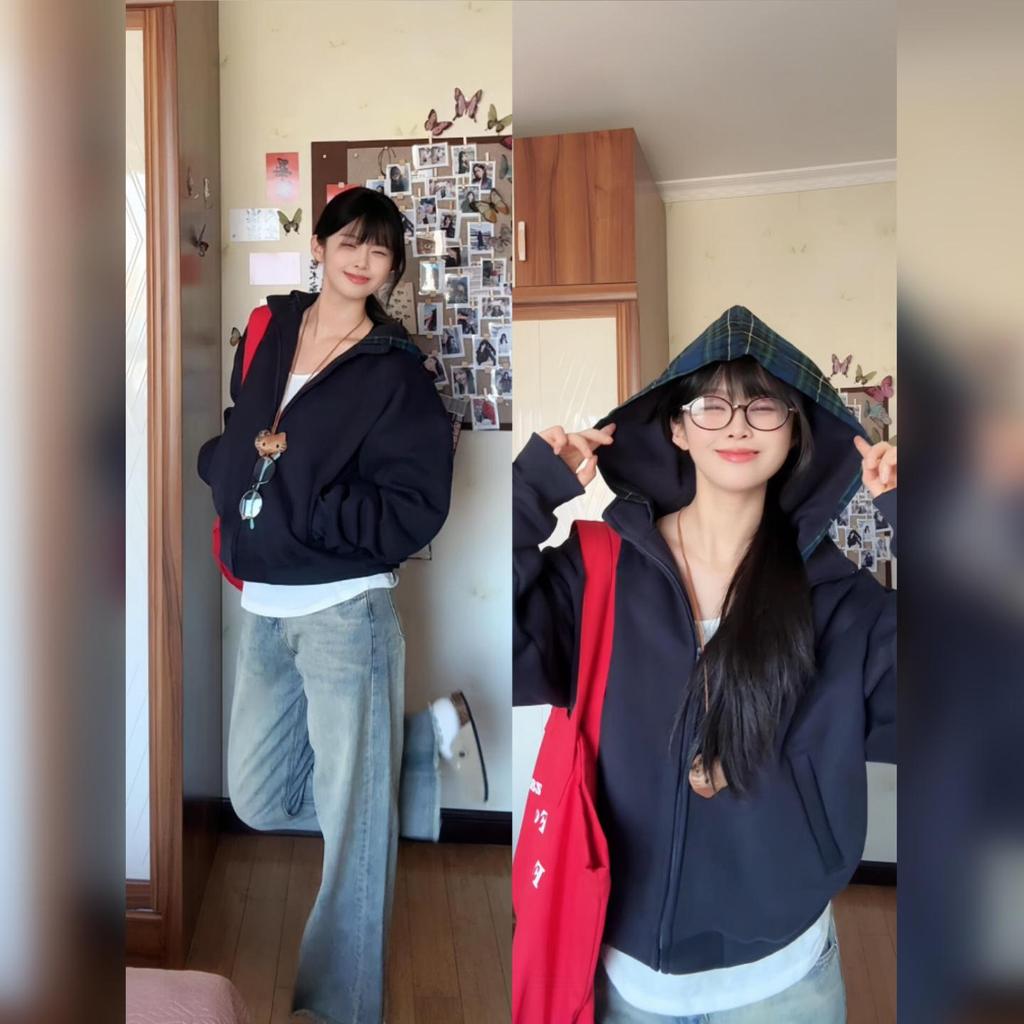 Damen Kapuzen-Zweiteiler Sweatshirt-Jacke im amerikanischen Stil, Neue Kollektion 2025, Kurzer Reißverschluss Langarm, Koreanischer Lazy Chic, Frühher Herbst.