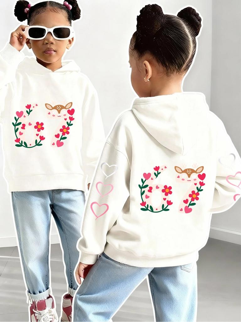 Kids Number 67 Deer Hoodie Cute Animal Graphic Print Heart Flower Sweatshirt Boys Girls Korean Style Streetwear Spring Autumn