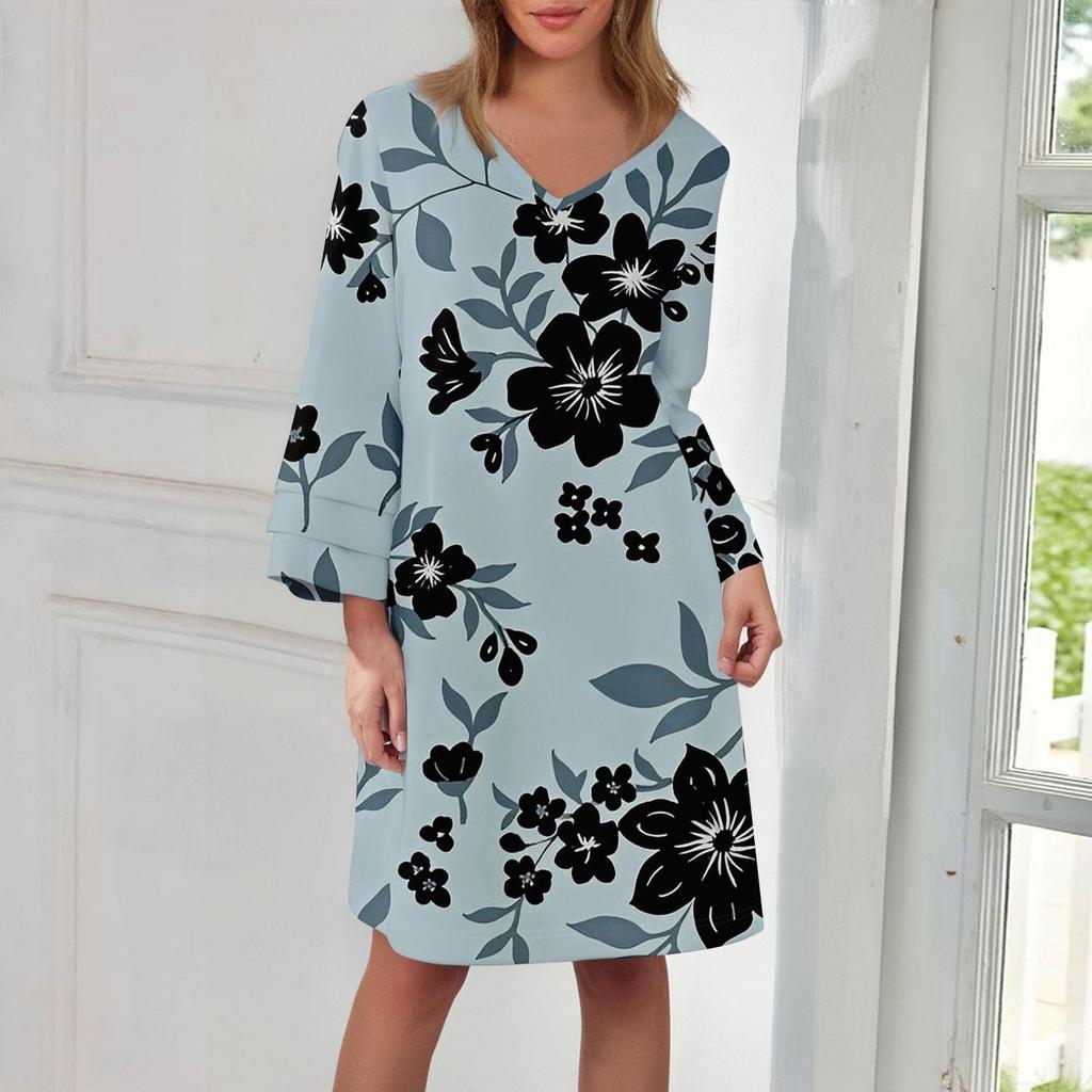Women's Fashion V-neck Color Large Size Loose Long Large Swing 3/4 Sleeved Dress