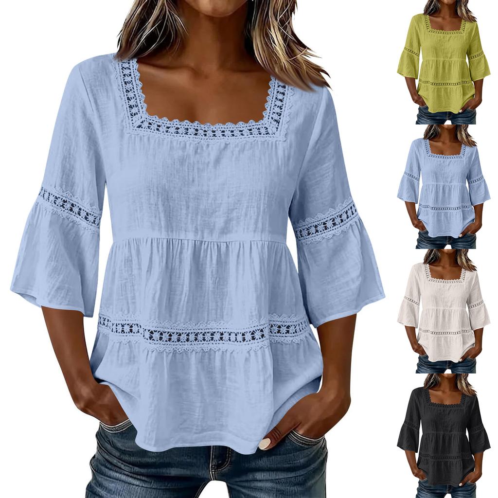 Women Lace Trim Waist Shirt Square Neck Tie Top Casual 3/4 Sleeve Blouse Lightweight Breathable Fabric Relaxed Fit