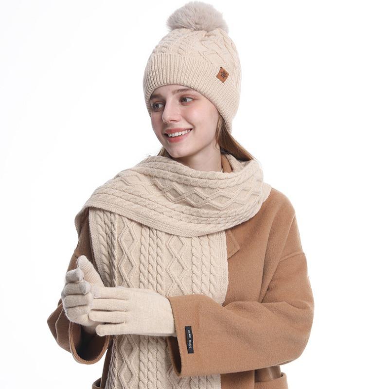 Hat Scarf Gloves Three Piece Set Winter Outdoor Velvet Warm Ear Protection Knitted Hat