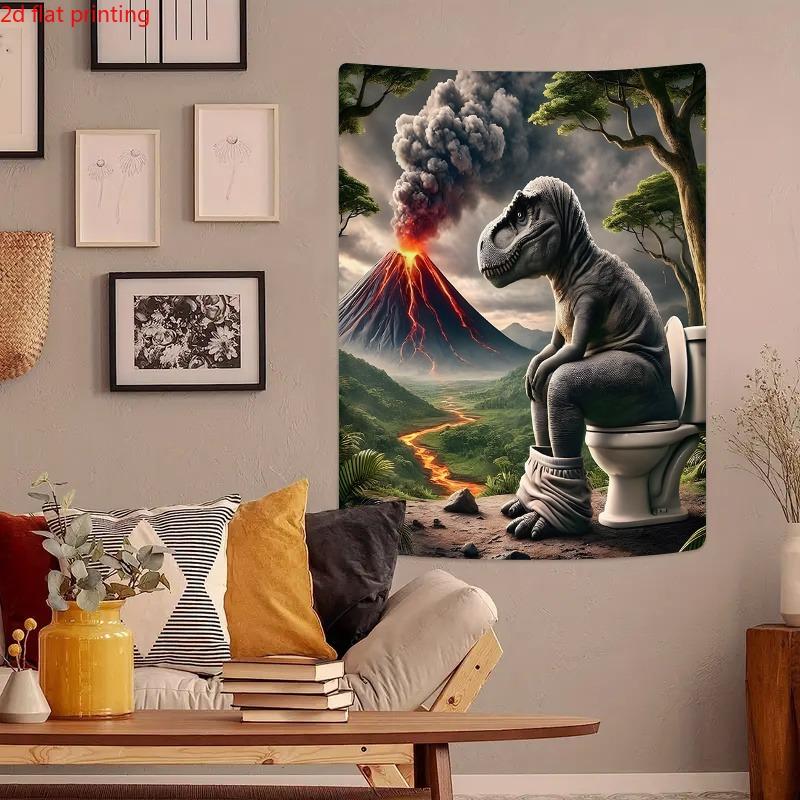 Tyrannosaurus Sitting On The Toilet Funny Tapestry Volcano Background Nonsensical Home Decor Room Decoration
