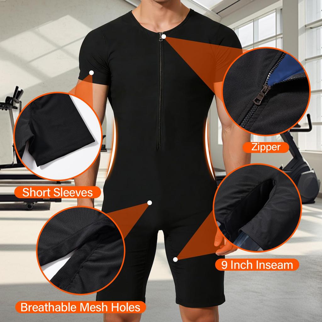 Sauna-Anzug für Herren 3 in 1 Ganzkörper-Formformer Taillentrainer Schweißshirt Kurzarm Trainings-Top mit Shorts Schlankmachender Jumpsuit Fitness-Leotard für das Fitnessstudio