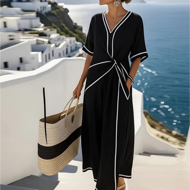 Women's spring new, European and American dresses, elegant temperament lace-up V-neck dresses