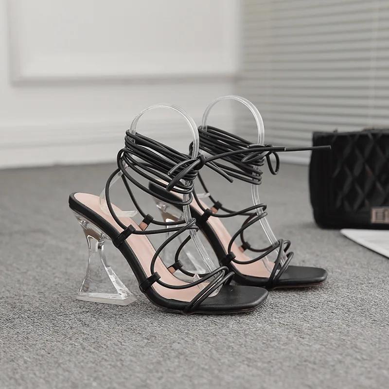 Fashion Sexy Square Head Open Toe Strange Style Heel Sandals for Women Cross-Tied Ankle Strap Clear High Heels Party Club Shoe