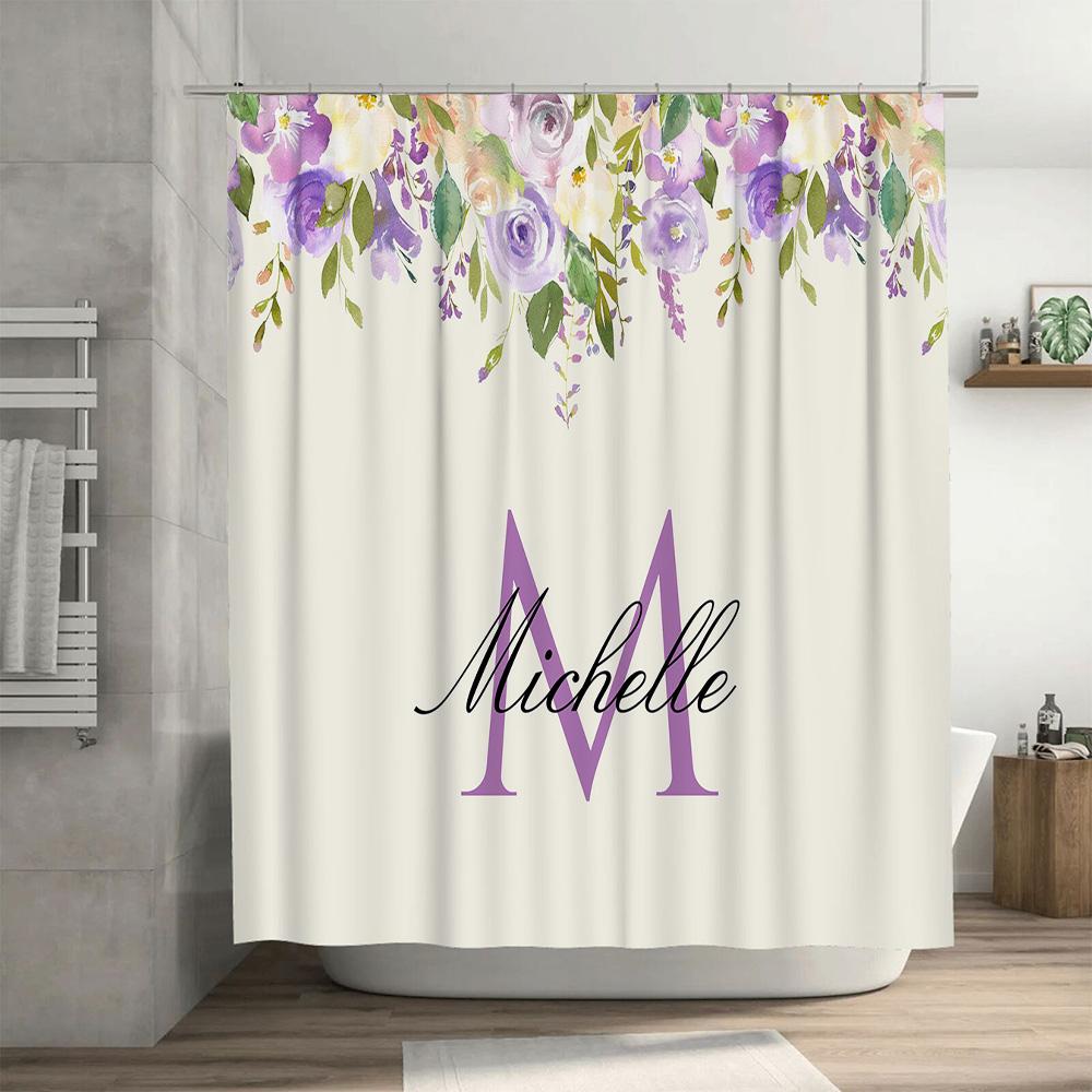 Customized Name Initials Bathroom Shower Curtain with Floral Design for Home Decor Personalized Custom Size Available (White Bac