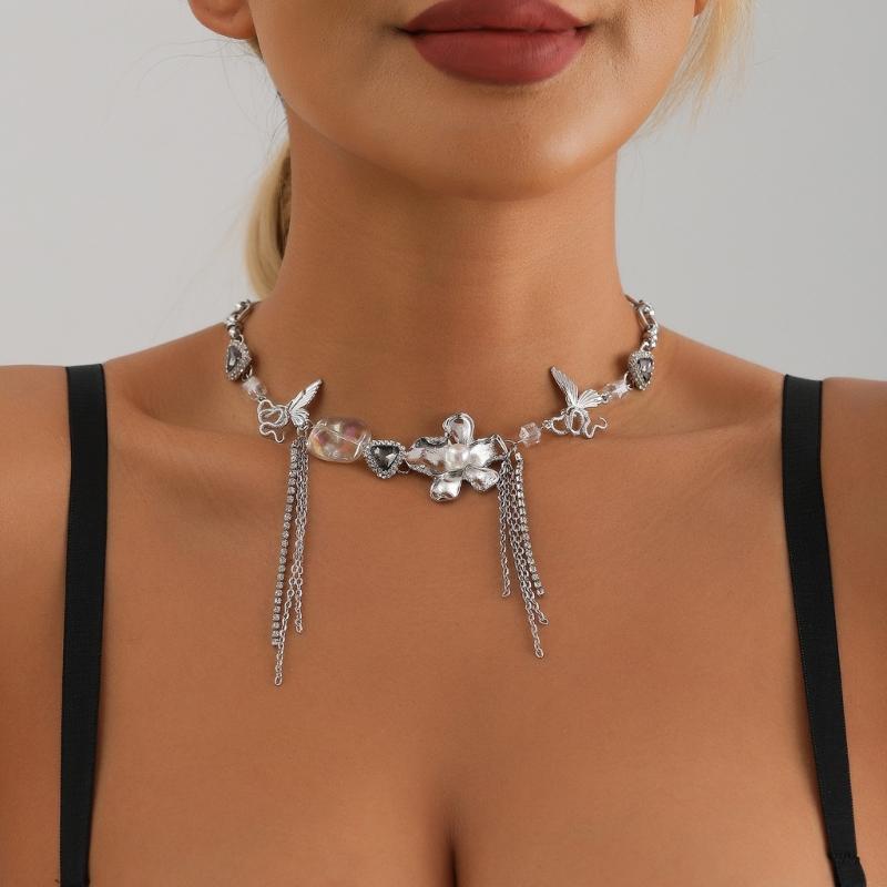 Elegant Butterfly and Pearls Chokers Necklace Adjustable Tassels Neck Jewelry Gift for Fashionable Women and Teens