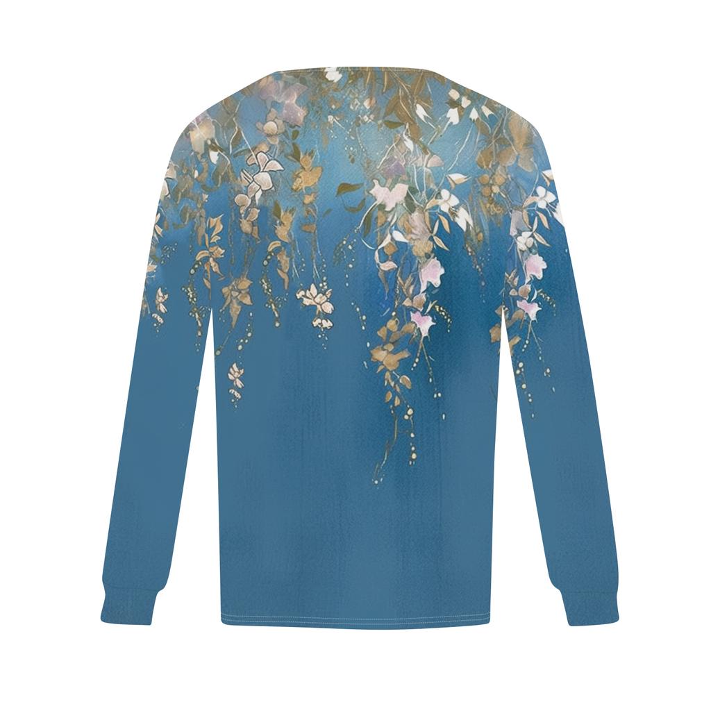 Damenmode Lässig Plissiert Rundhals Vintage Blumendruck Langarm T-Shirt Top
