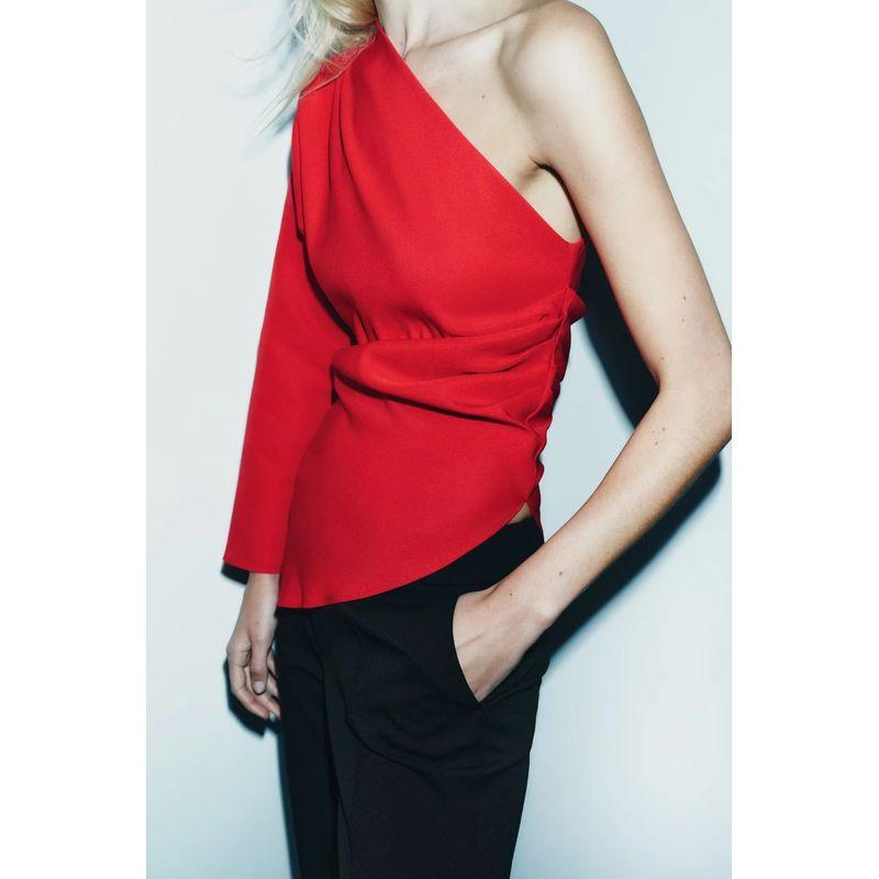 Fall and Winter New Arrival French Style Design Niche Style Cold-Shoulder Sleeveless Ruched Decoration Asymmetric Tops 0264840