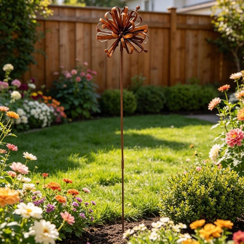 Iron Dahlia Garden Stake For Year Round Display Outdoor Yard Patios Lawn Decoration With Natural Patina Finish Height 70Cm