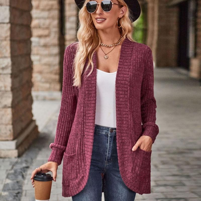 

25 Solid Color Casual Block Long Sleeve Cardigan Jacket S винный