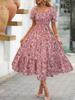 Floral Square Collar Ruched Waist Bubble Sleeve Layered Dress Sweet Style Dress