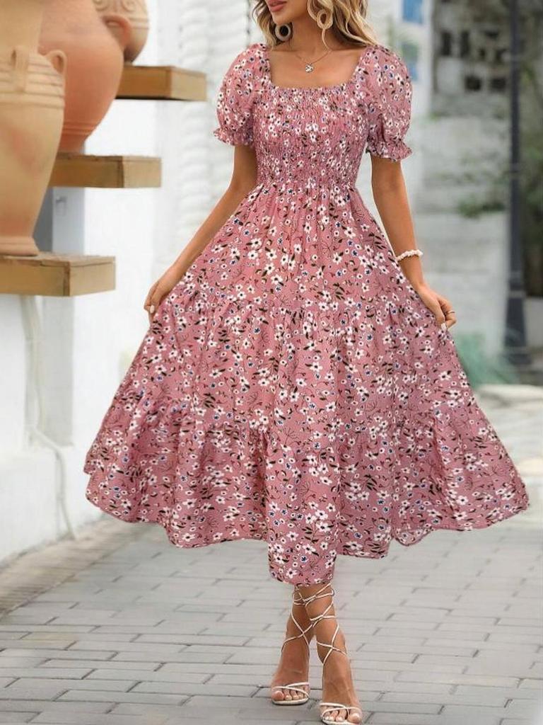 Floral Square Collar Ruched Waist Bubble Sleeve Layered Dress Sweet Style Dress