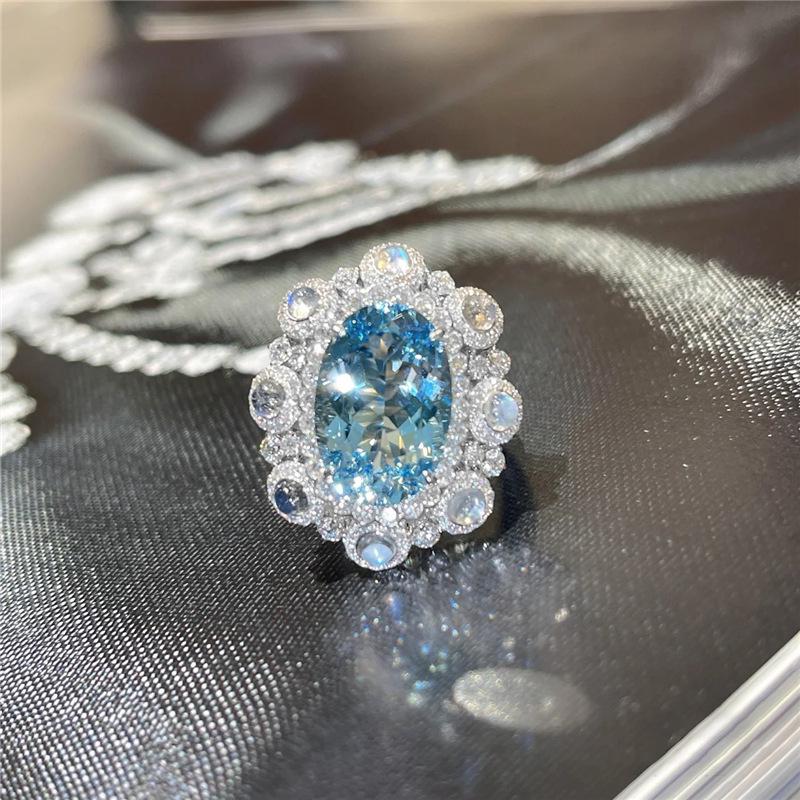 Exquisite Blue Gemstone Adjustable Ring: Shiny, Transparent & Luxurious for Women Open adjustable