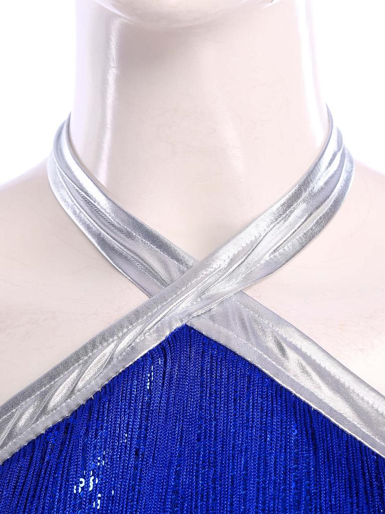 Womens 70s Disco Halter Sequined Top Tassel Fringe Flared Pants Romper Shiny Metallic Jumpsuit