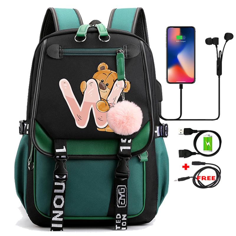 Lovely Little Bear 26 English Letters Student School Bag Backpack Outdoor Teenage Girl Cartoon Bookbag Laptop Travel Rucksack