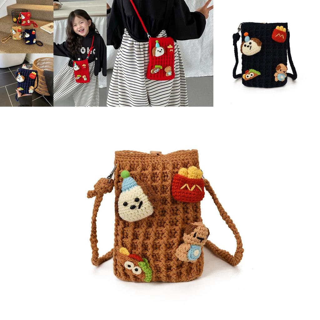 Cartoon Kids Shoulder Bag With Handcrafted Knit Cute Doll Design For Toddler Daily Use