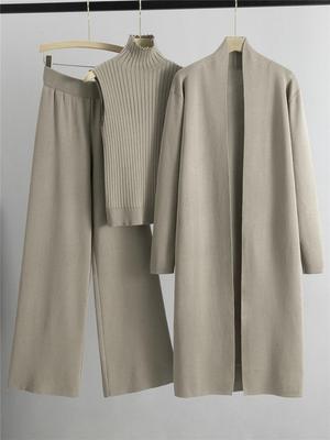 Women's Knitwear Three-Piece Set: Sweater Coat and Wide-Leg Pants for Autumn/Winter