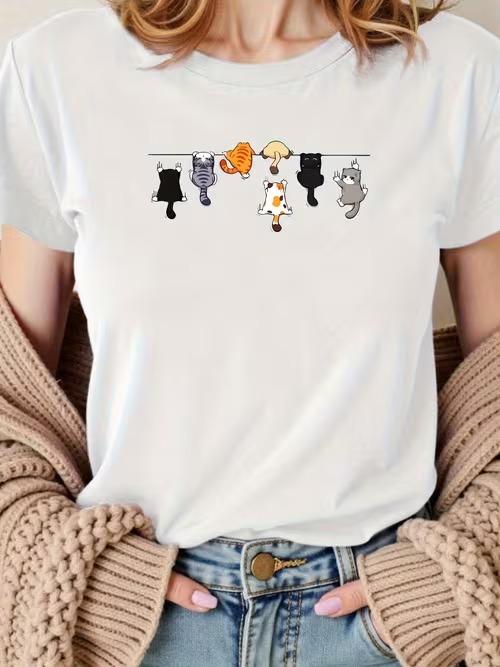 Korean Style Cute Hanging Cats Graphic Tshirt Minimalist Cat Casual White Top Aesthetic Versatile Crew Neck Tee For Cat Lovers