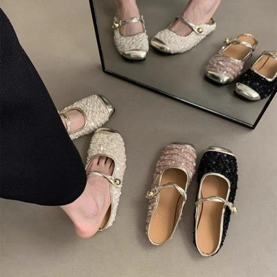 Primavera 2024 nuevas zapatillas de estilo de lentejuelas de alta gama con parte inferior plana y boca poco profunda, zapatos de mujer Mary Jane