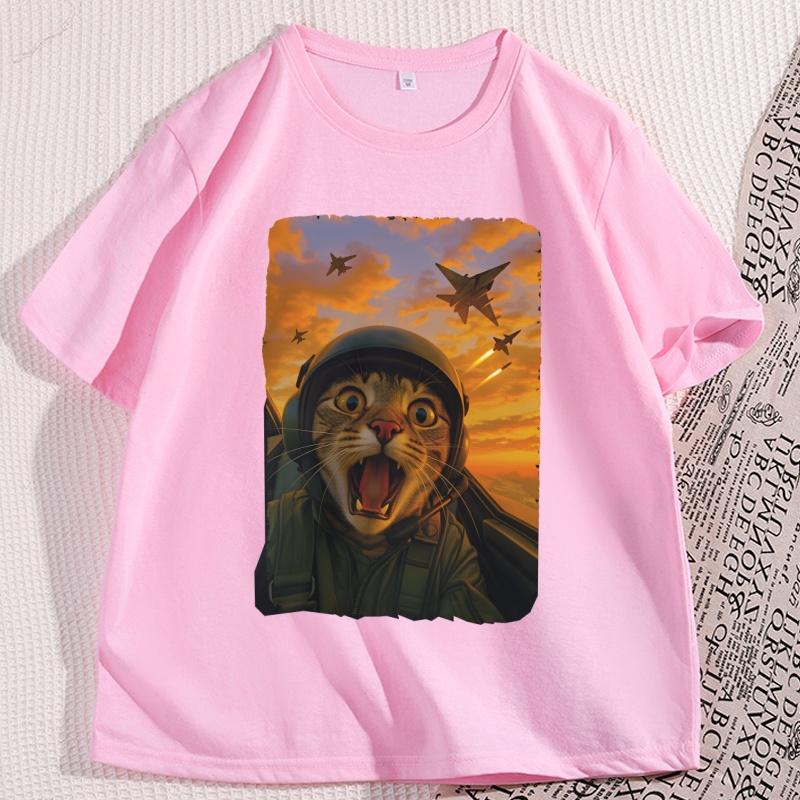 Cat Fighter Pilot T Shirt Funny Cat Selfie Meme Tee Shirt Jet Fighter Cat Tshirt Humor Cotton Short Sleeve Round Neck Tees