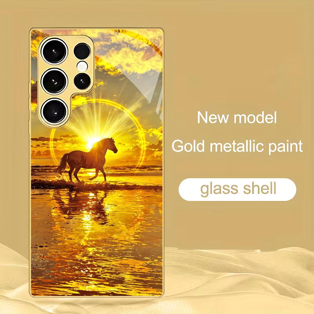 

Sunset and Horse Electric Gold Plated Glass Phone Case Suitable for Samsung GalaxyS26 S25 S24 S22 S21 S20FE/Ultra/Plus Anti Drop GalaxyS24FE