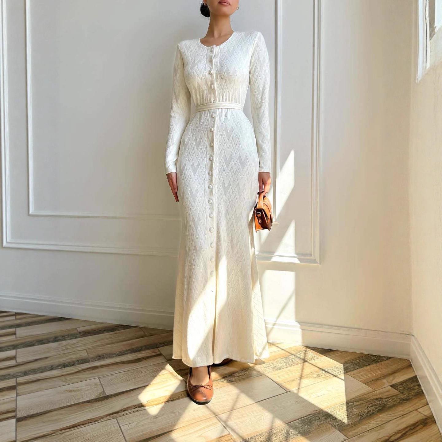 

Жіноча приталена в язана вовняна сукня Осінь 2025 - Круглий виріз, Деталі з ґудзиками та зав язками XL