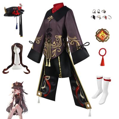 Genshin Impact Hu Tao Cosplay Costume Full Set With Wig Hat Rings Badge Socks Wangsheng Hall Master For Anime Game Cosplay Party