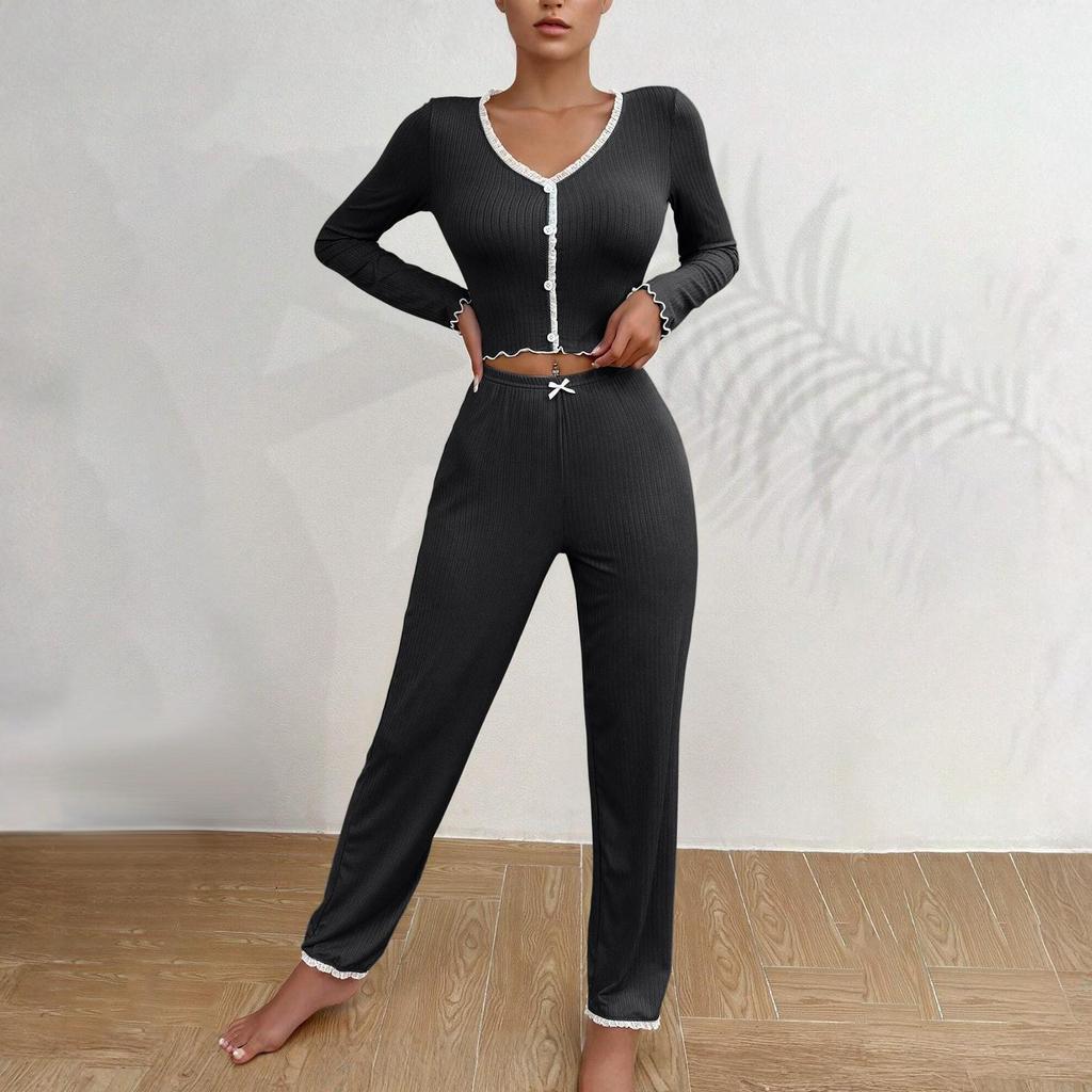 Damen Hauskleidung Pyjama Langarmhose Locker und Bequem Sexy Spitze Zweiteiliges Set