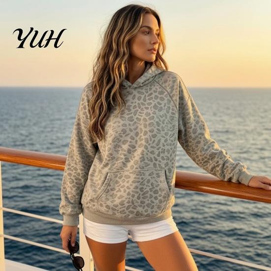 Leopard Print Sweatshirt Women Hoodie, Oversized Drop Shoulder Hooded with Pocket, Loose Casual Pullover Top Long Sleeve for Autumn Winter Warm