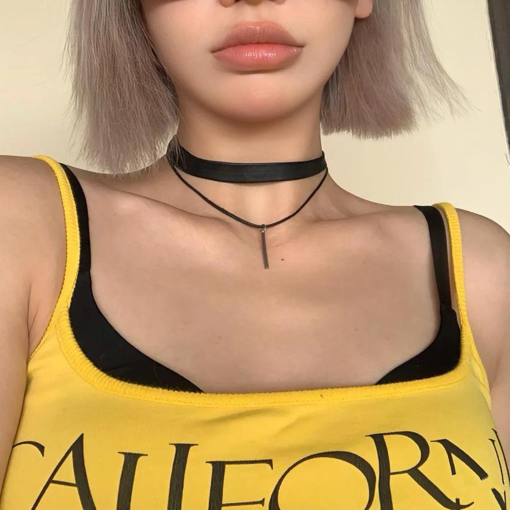 Women's Spicy Style Non-fading Titanium Steel Double Layer Choker with Black Leather Collar and Simple Chain Necklace