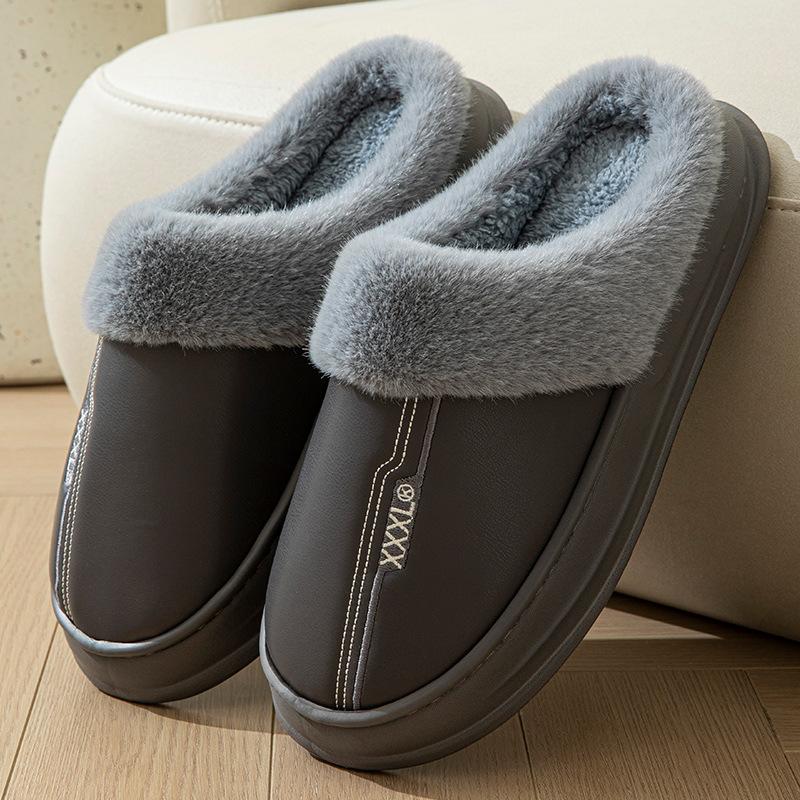 Winter extra large size cotton slippers PU leather slippers waterproof thick-soled home indoor non-slip warm shoes