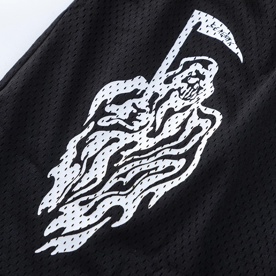 EES-10 Heren Mesh Atletische Korte Broek, Zwart Grim Reaper Print Ademend Zomer Straat Strand Boardshort