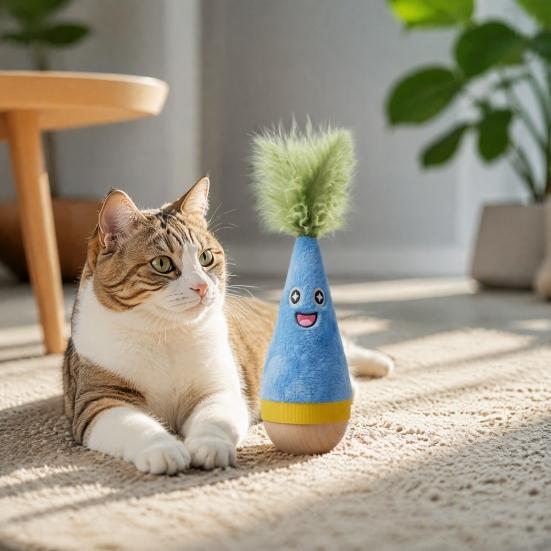 Pet Stimulation Toy for Indoor Play Wooden Wobble Cat Toy, Self-Righting Tumbler with Feather Cats, Interactive Plush Hunting Cats Punching Bag Stable