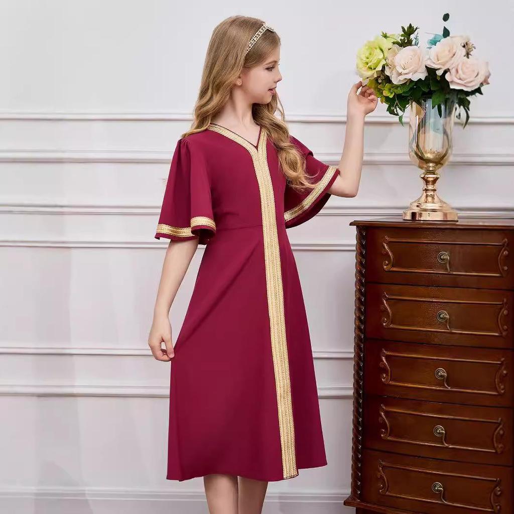 Children's Fashionable Middle Eastern Abaya with Golden Lace Trim