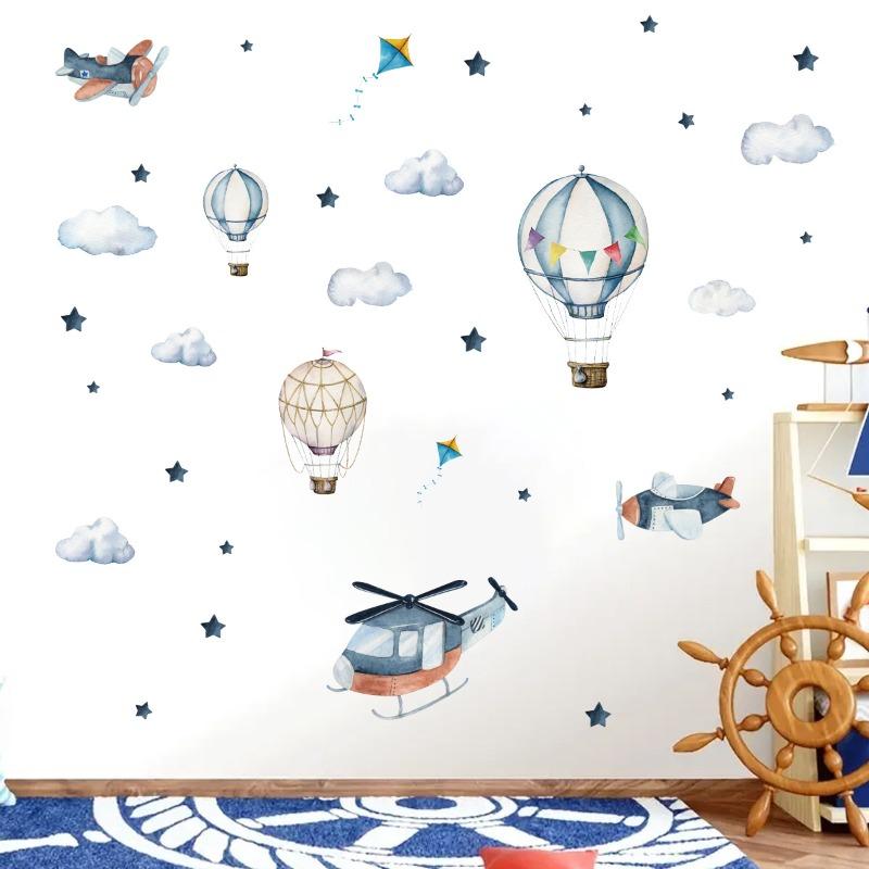 Cartoon Airplanes Hot Air Balloon Clouds Wall Stickers for Children's Room Kids Room Baby Boy Room Wall Decals Nursery Stickers