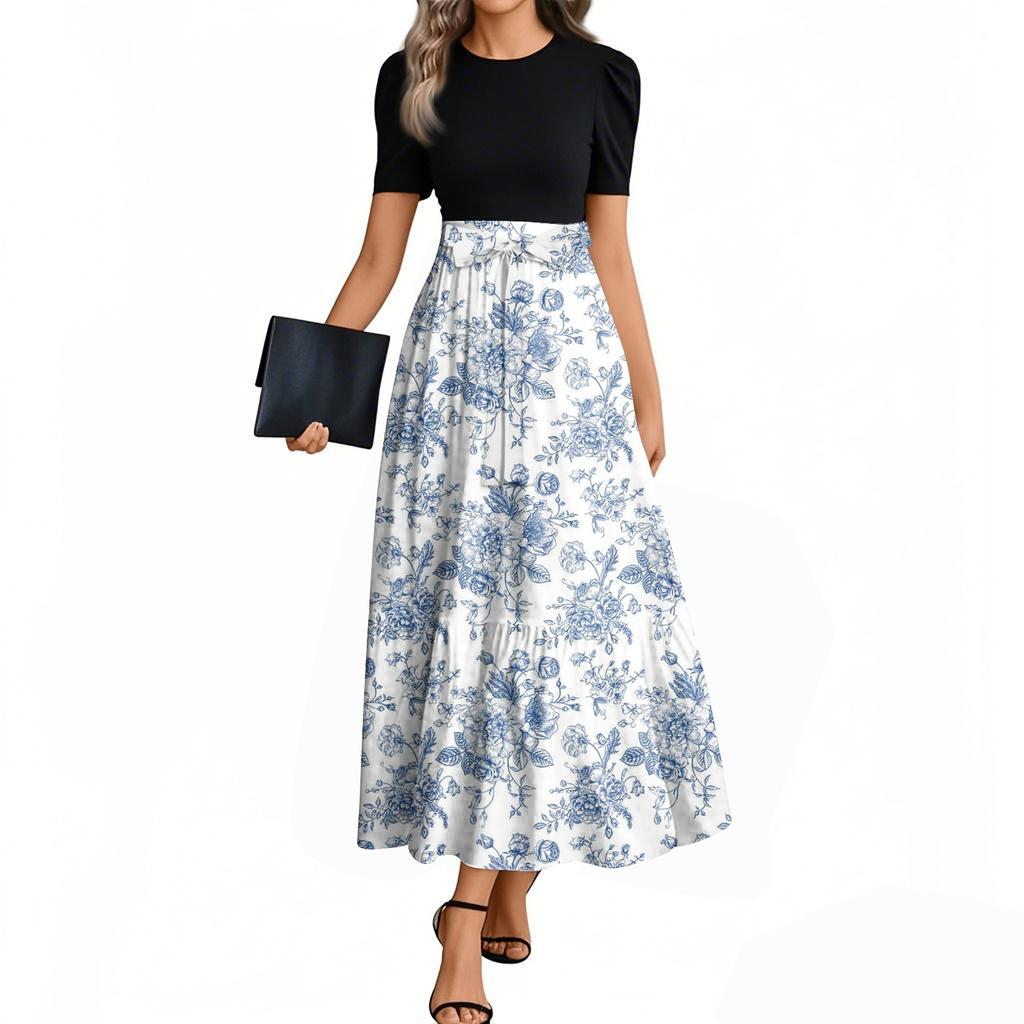 Women's Fashion Casual Belt Short Sleeve Round Neck Floral Stitching Elegant Temperament Dress