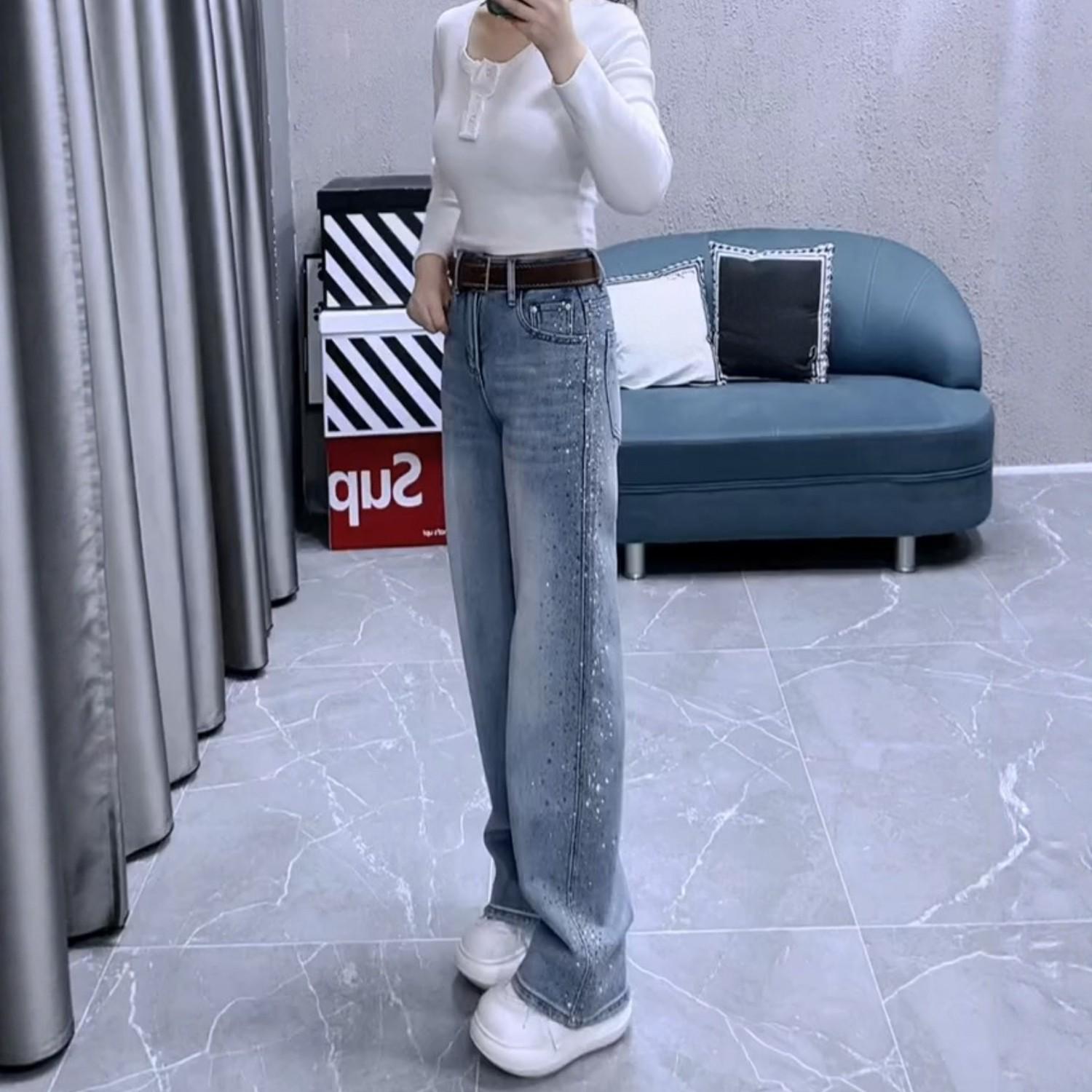 

2026 Spring European Style Rhinestone Slim Straight-Leg Jeans for Women & Girls - Plus Size, High Waist, Tummy Control, Slimming Fit. 3XL синий