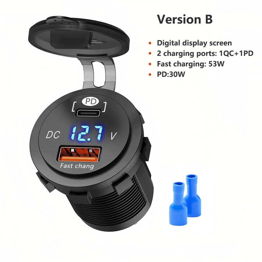 

Dual PD Dual QC 3.0 USB Car Charger with Voltmeter Socket Power Fast Car Charger Outlet Adapter Waterproof for 12V/24V Car Boat