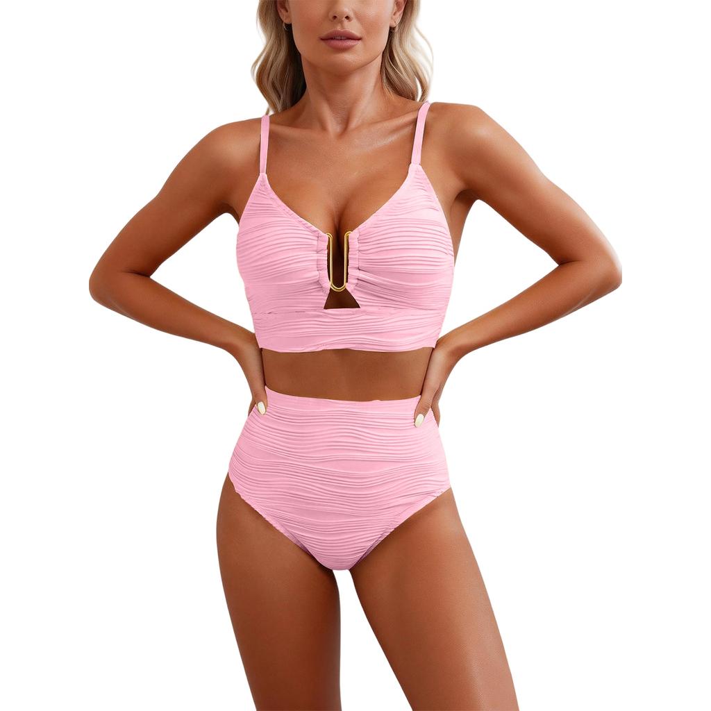 2 Piece Bikini Set Women’s U-Wire Cutout Popular Swimsuit High Waisted Textured 2026 Summer Beach Swim Female Bathing Suits