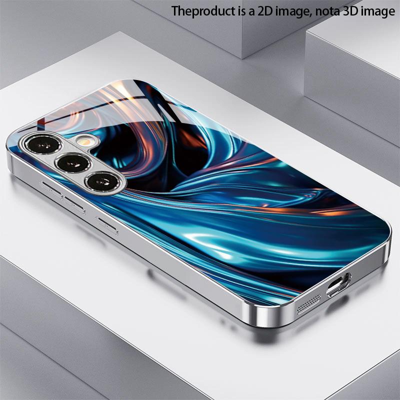 Blue Chrome Fluid Pattern 2D Phone Case for Samsung S26 S25 S24 S23 S22 S21 S20 A56 A36 A16 Electroplated Glass Protective Cover